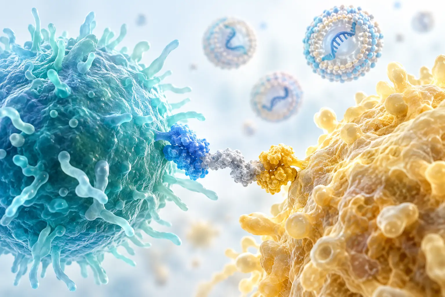 Conceptual illustration of an RNA-encoded T-cell engager bridging a T cell and a target cell