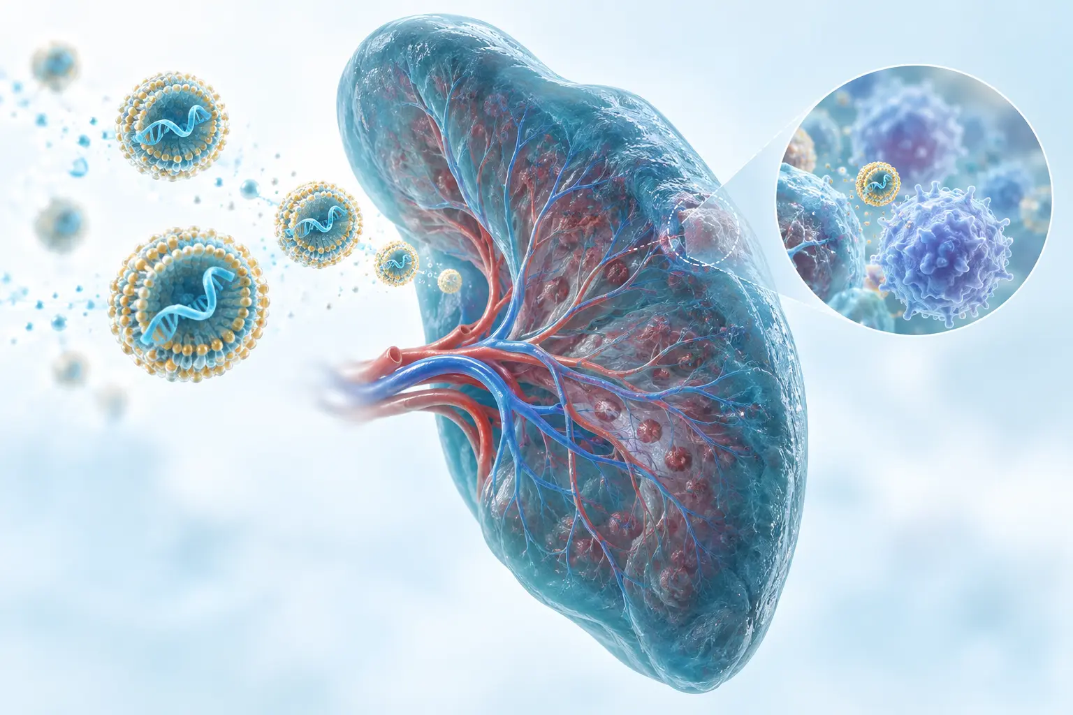 Conceptual illustration of lipid nanoparticles and splenic immune cells