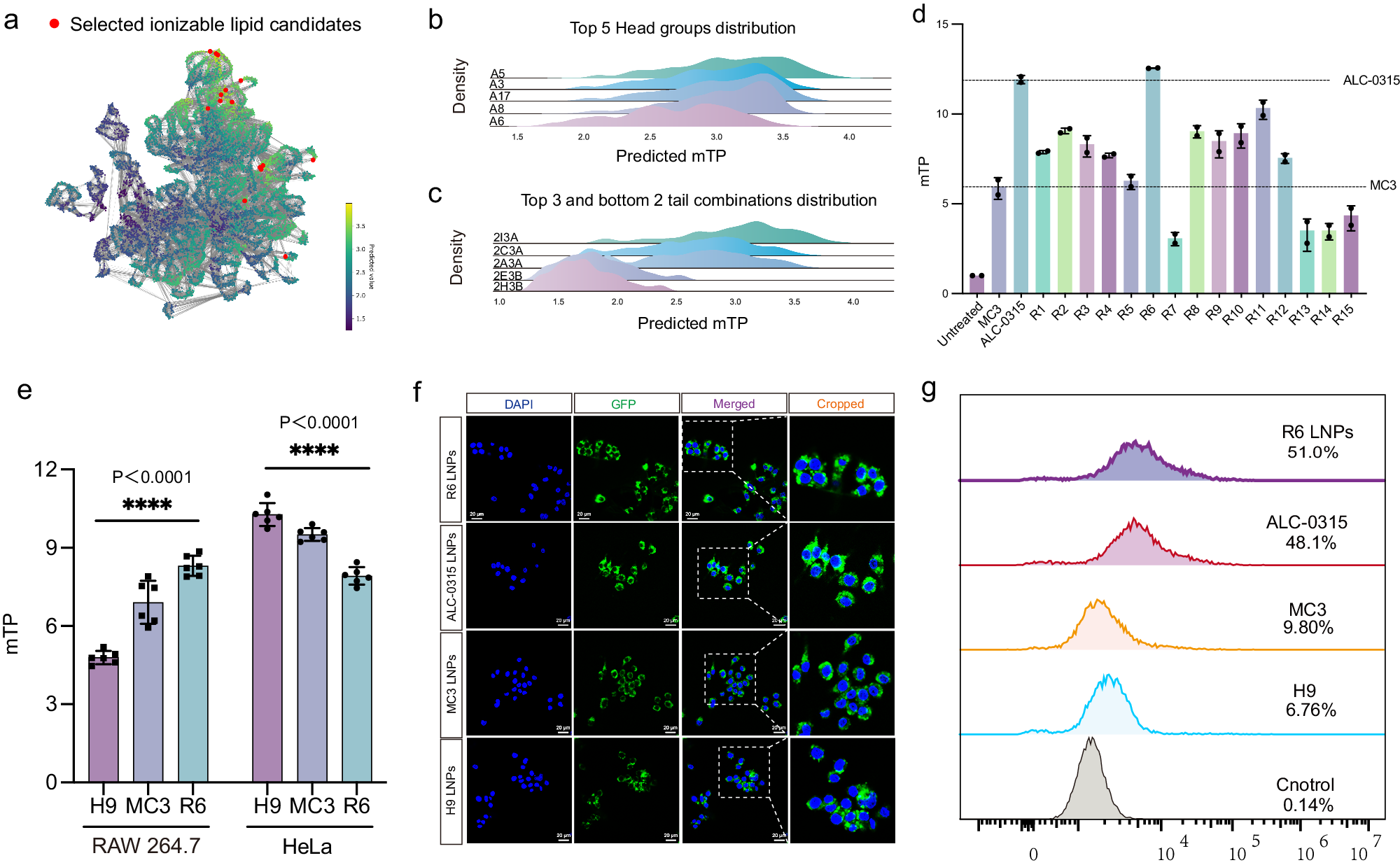Figure 4: R6, H9 and benchmark LNPs are compared in RAW 264.7 and HeLa cells. Panels e–g show measured reporter expression, microscopy and flow cytometry; panels a–c show model predictions, not experimental efficacy.